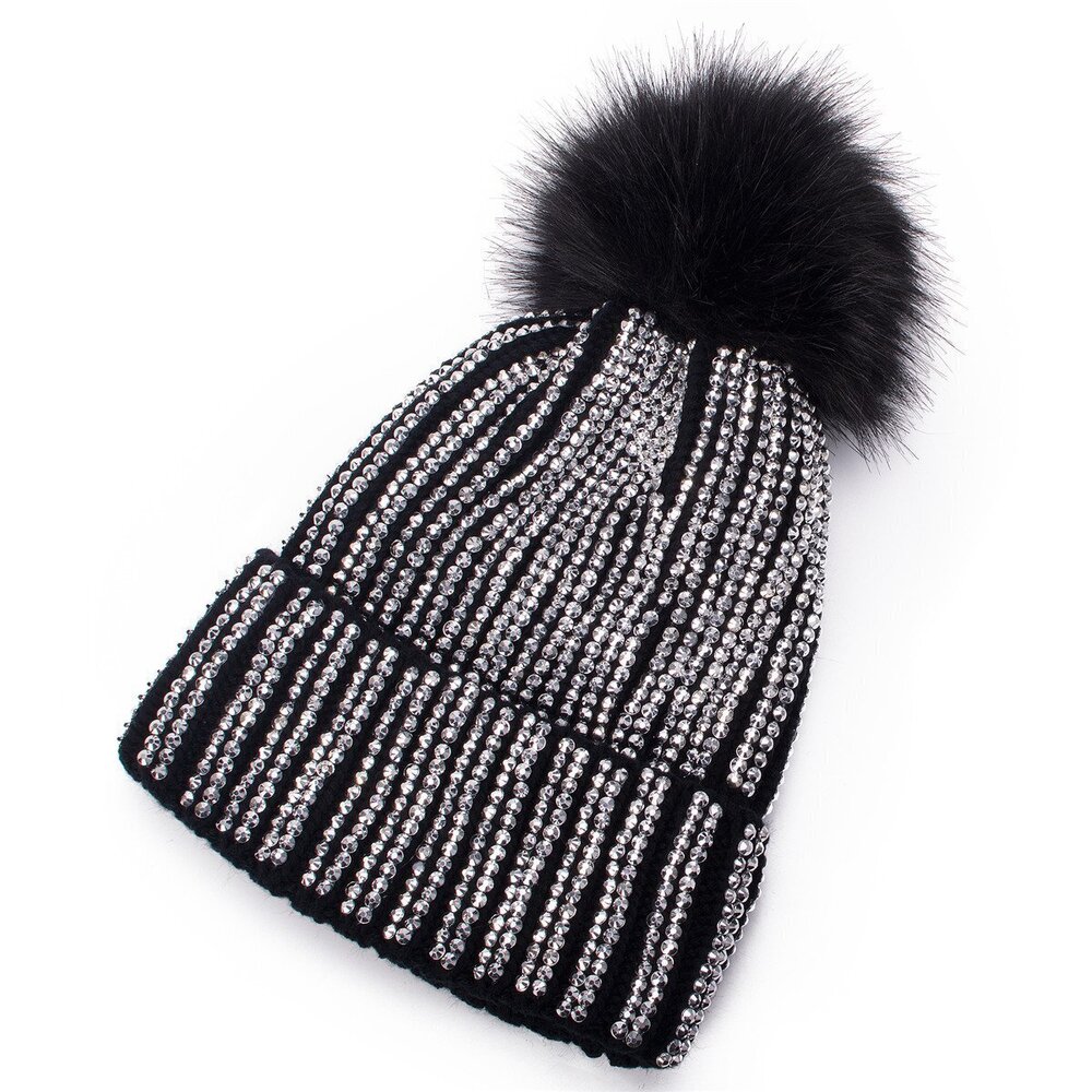 6349 Faux Fur Pom Pom Beanie Ski Hat Cap Slouchy Knit Warm A469 Black